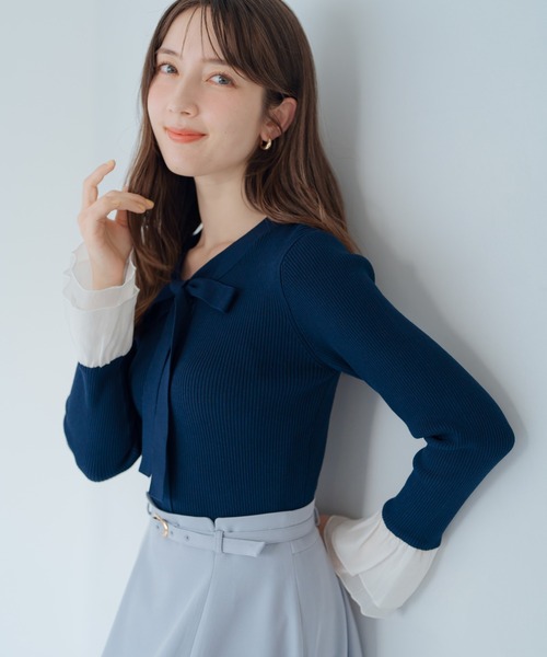 MISCH MASCH(ミッシュマッシュ)の「シアーフリルボウタイニット(ニット/セーター・レディース・ネイビー/ホワイト/ライトブルー・フリ-)」の6枚目の写真