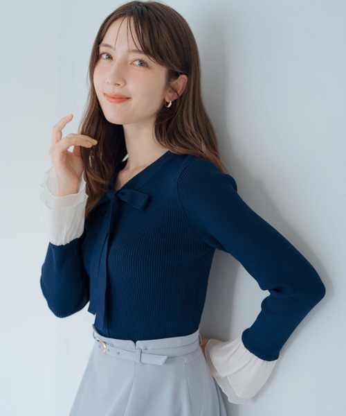 MISCH MASCH(ミッシュマッシュ)の「シアーフリルボウタイニット(ニット/セーター・レディース・ネイビー/ホワイト/ライトブルー・フリ-)」の10枚目の写真