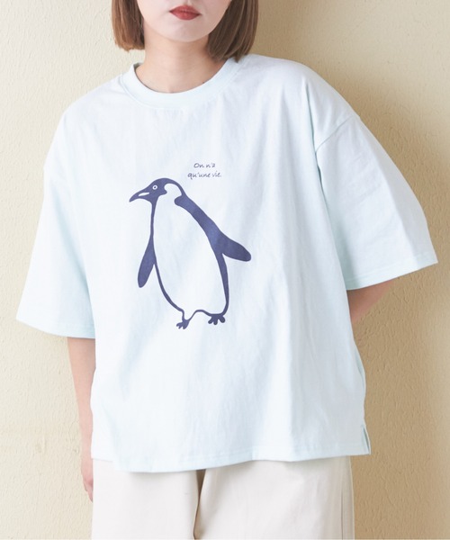 CUBE SUGAR（キューブシュガー）の「21/-OE天竺ハードウォッシュペンギンプリントTシャツ（Tシャツ/カットソー・レディース・ミント/イエロー/ホワイト/マルチ/ブラック・M）」の4枚目の写真