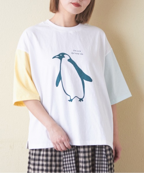 CUBE SUGAR（キューブシュガー）の「21/-OE天竺ハードウォッシュペンギンプリントTシャツ（Tシャツ/カットソー・レディース・ミント/イエロー/ホワイト/マルチ/ブラック・M）」の5枚目の写真