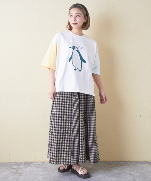 CUBE SUGAR（キューブシュガー）の「21/-OE天竺ハードウォッシュペンギンプリントTシャツ（Tシャツ/カットソー・レディース・ミント/イエロー/ホワイト/マルチ/ブラック・M）」の6枚目の写真