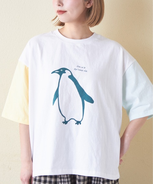 CUBE SUGAR（キューブシュガー）の「21/-OE天竺ハードウォッシュペンギンプリントTシャツ（Tシャツ/カットソー・レディース・ミント/イエロー/ホワイト/マルチ/ブラック・M）」の11枚目の写真