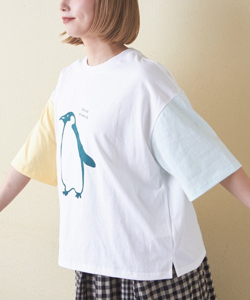 CUBE SUGAR（キューブシュガー）の「21/-OE天竺ハードウォッシュペンギンプリントTシャツ（Tシャツ/カットソー・レディース・ミント/イエロー/ホワイト/マルチ/ブラック・M）」の7枚目の写真