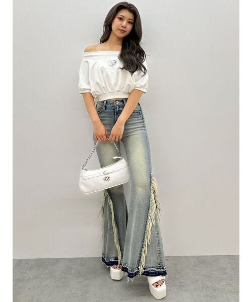 ワイドパンツ フレアデニム フリンジ ハイウエスト 韓国 b3858 Belle Cie デニムパンツ レディース フレアパンツ ワイド 韓国