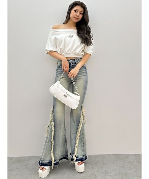 新品 GYDA ハイウエスト サイド フリンジ フレア デニム パンツ ジェイダ セール】ハイウエストSIDEフリンジフレアデニムパンツ（デニム