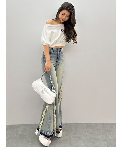 新品 GYDA ハイウエスト サイド フリンジ フレア デニム パンツ ジェイダ ハイウエストSIDEフリンジフレアデニムパンツ（デニムパンツ
