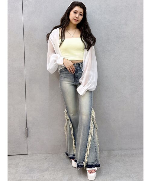 GYDA（ジェイダ）の「ハイウエストSIDEフリンジフレアデニムパンツ（デニムパンツ・レディース・インディゴブルー/ライトブルー・MEDIUM/SMALL）」の10枚目の写真