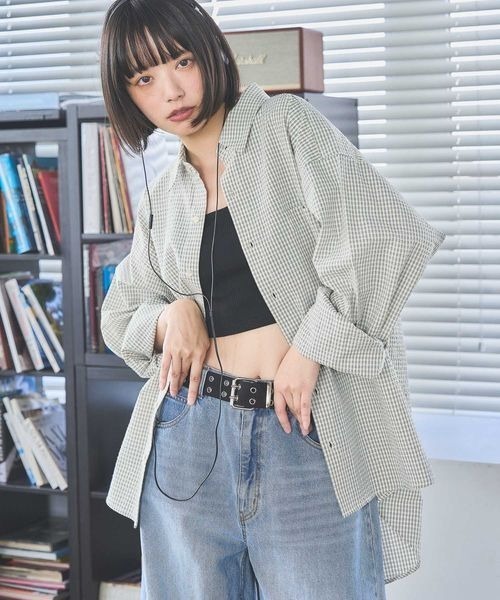 PBLIM（ページボーイリム）の「《UNISEX》Wラインチェックシャツ（シャツ/ブラウス・レディース・ネイビー/グリーン/オフホワイト・FREE）」の2枚目の写真