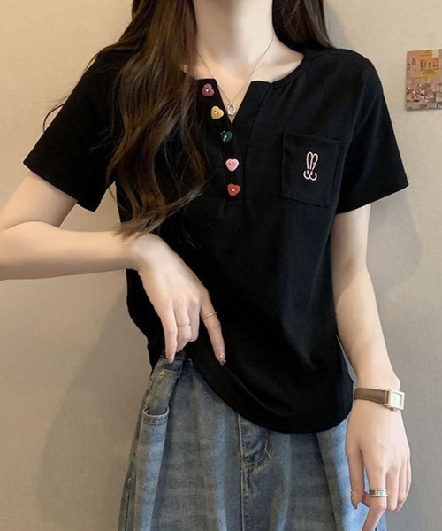 SPIGA（スピーガ）の「カラフルボタンヘンリーネックトップス（Tシャツ/カットソー・レディース・ブラック/ホワイト/ピンク・MEDIUM/LARGE）」の15枚目の写真