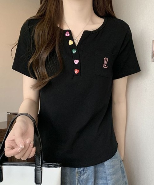 SPIGA（スピーガ）の「カラフルボタンヘンリーネックトップス（Tシャツ/カットソー・レディース・ブラック/ホワイト/ピンク・MEDIUM/LARGE）」の13枚目の写真