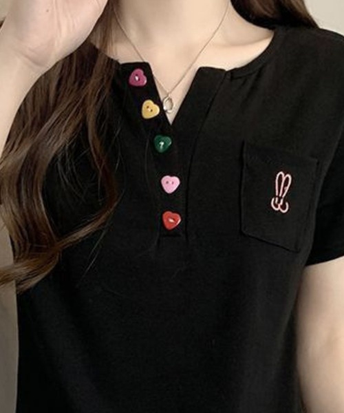 SPIGA（スピーガ）の「カラフルボタンヘンリーネックトップス（Tシャツ/カットソー・レディース・ブラック/ホワイト/ピンク・MEDIUM/LARGE）」の12枚目の写真