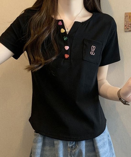 SPIGA（スピーガ）の「カラフルボタンヘンリーネックトップス（Tシャツ/カットソー・レディース・ブラック/ホワイト/ピンク・MEDIUM/LARGE）」の11枚目の写真