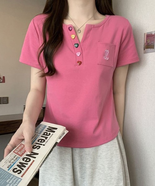 SPIGA（スピーガ）の「カラフルボタンヘンリーネックトップス（Tシャツ/カットソー・レディース・ブラック/ホワイト/ピンク・MEDIUM/LARGE）」の9枚目の写真