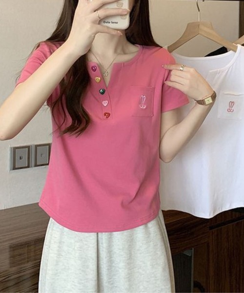 SPIGA（スピーガ）の「カラフルボタンヘンリーネックトップス（Tシャツ/カットソー・レディース・ブラック/ホワイト/ピンク・MEDIUM/LARGE）」の6枚目の写真