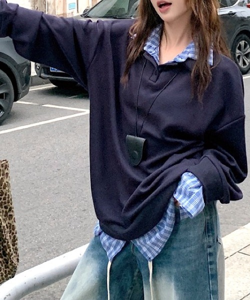 セール】チェックシャツレイヤードデザインポロ襟トップス（Tシャツ