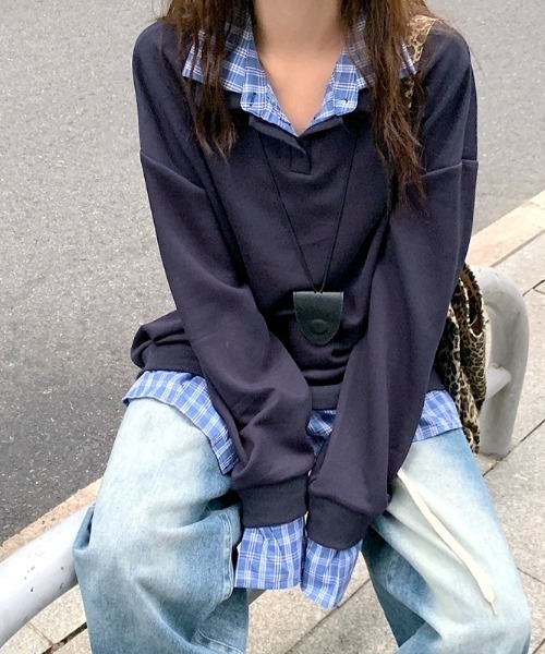 SHEENA(シーナ)の「チェックシャツレイヤードデザインポロ襟トップス(Tシャツ/カットソー・レディース・グレー/ネイビー・M)」の20枚目の写真