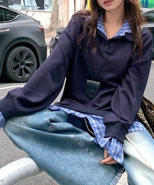 セール】チェックシャツレイヤードデザインポロ襟トップス（Tシャツ