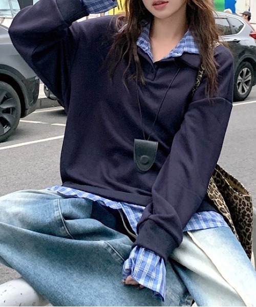 SHEENA(シーナ)の「チェックシャツレイヤードデザインポロ襟トップス(Tシャツ/カットソー・レディース・グレー/ネイビー・M)」の22枚目の写真