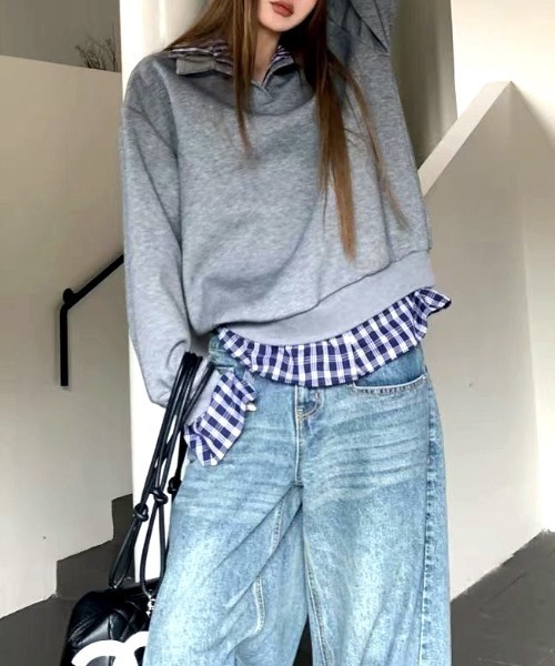 SHEENA(シーナ)の「チェックシャツレイヤードデザインポロ襟トップス(Tシャツ/カットソー・レディース・グレー/ネイビー・M)」の14枚目の写真