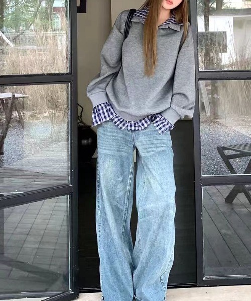 SHEENA(シーナ)の「チェックシャツレイヤードデザインポロ襟トップス(Tシャツ/カットソー・レディース・グレー/ネイビー・M)」の15枚目の写真