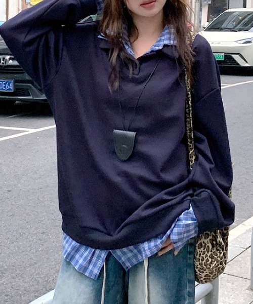 SHEENA(シーナ)の「チェックシャツレイヤードデザインポロ襟トップス(Tシャツ/カットソー・レディース・グレー/ネイビー・M)」の17枚目の写真