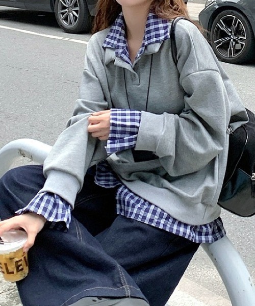 SHEENA(シーナ)の「チェックシャツレイヤードデザインポロ襟トップス(Tシャツ/カットソー・レディース・グレー/ネイビー・M)」の7枚目の写真