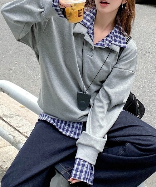 SHEENA(シーナ)の「チェックシャツレイヤードデザインポロ襟トップス(Tシャツ/カットソー・レディース・グレー/ネイビー・M)」の8枚目の写真