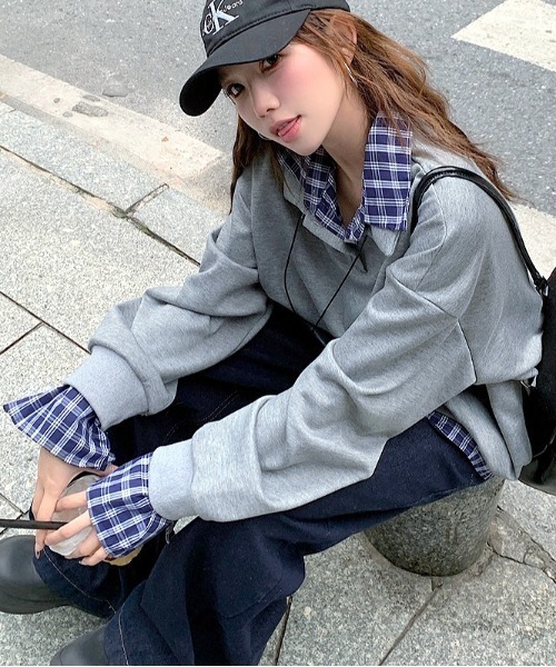 SHEENA(シーナ)の「チェックシャツレイヤードデザインポロ襟トップス(Tシャツ/カットソー・レディース・グレー/ネイビー・M)」の11枚目の写真