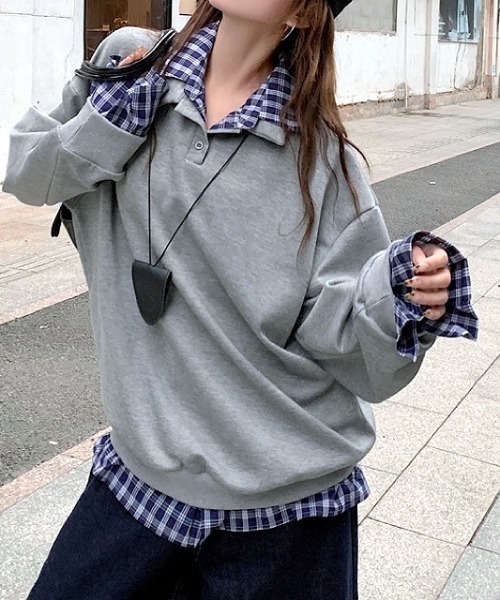 SHEENA(シーナ)の「チェックシャツレイヤードデザインポロ襟トップス(Tシャツ/カットソー・レディース・グレー/ネイビー・M)」の5枚目の写真