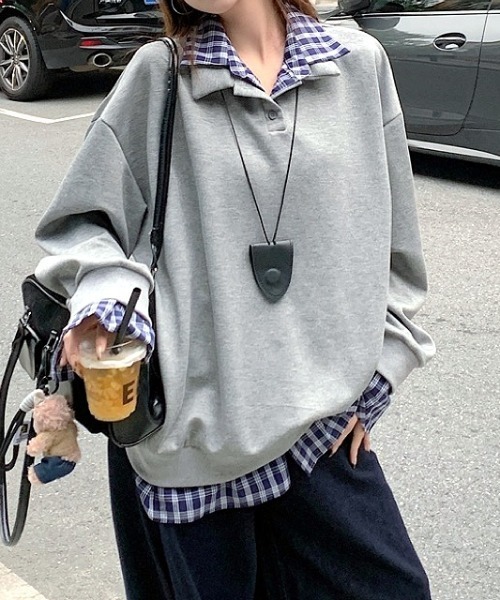 SHEENA(シーナ)の「チェックシャツレイヤードデザインポロ襟トップス(Tシャツ/カットソー・レディース・グレー/ネイビー・M)」の6枚目の写真