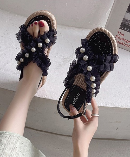 Lace Ladies(レースレディース)の「シアーフリル パール バックストラップ エスパドリーユ サンダル(サンダル・レディース・アイボリー/ブラック・25cm/22.5cm/23cm/23.5cm/24cm/24.5cm)」の7枚目の写真