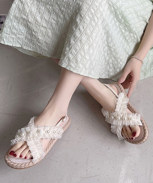 Lace Ladies(レースレディース)の「シアーフリル パール バックストラップ エスパドリーユ サンダル(サンダル・レディース・アイボリー/ブラック・25cm/22.5cm/23cm/23.5cm/24cm/24.5cm)」の8枚目の写真