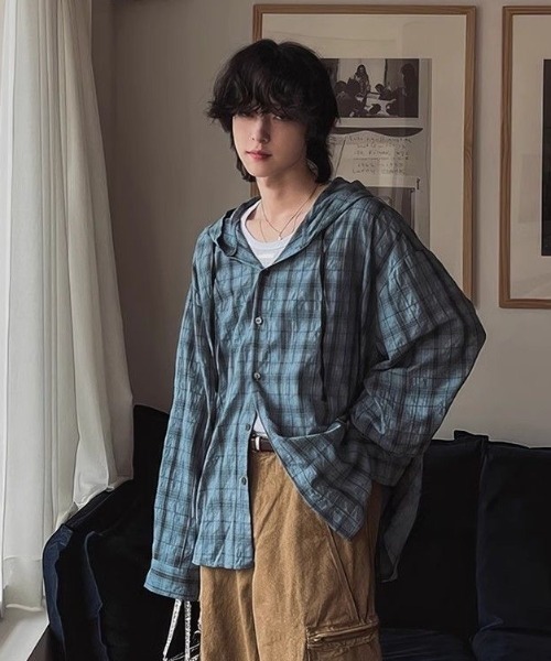 FreeZone（フリーゾーン）の「チェックフードシャツ（シャツ/ブラウス・メンズ・ブラウン/ブルー・F）」の5枚目の写真