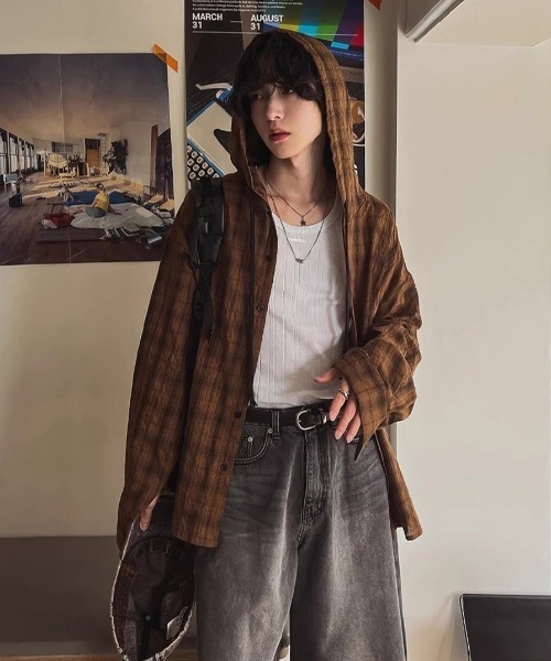 FreeZone（フリーゾーン）の「チェックフードシャツ（シャツ/ブラウス・メンズ・ブラウン/ブルー・F）」の9枚目の写真