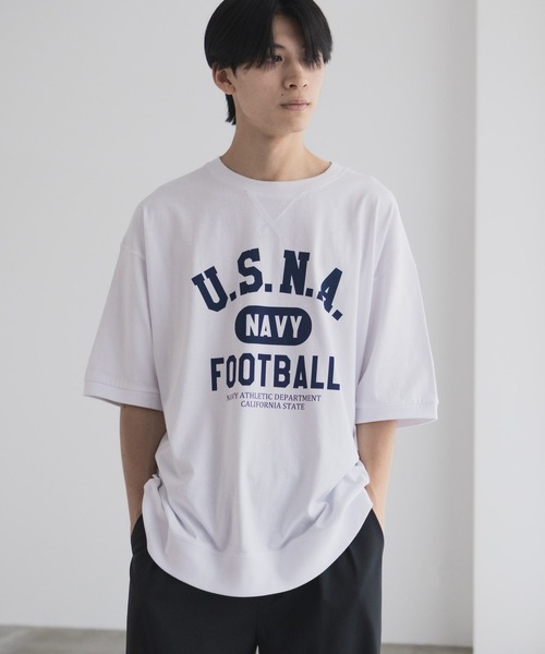 NAVY(ネイビー)の「NAVY オーバーサイズカレッジスウェットTシャツ ユニセックス(Tシャツ/カットソー・メンズ・スモーキーグリーン系/オートミール/ネイビー/ホワイト・S/M/L/XL)」の1枚目の写真