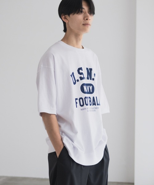 NAVY(ネイビー)の「NAVY オーバーサイズカレッジスウェットTシャツ ユニセックス(Tシャツ/カットソー・メンズ・スモーキーグリーン系/オートミール/ネイビー/ホワイト・S/M/L/XL)」の19枚目の写真