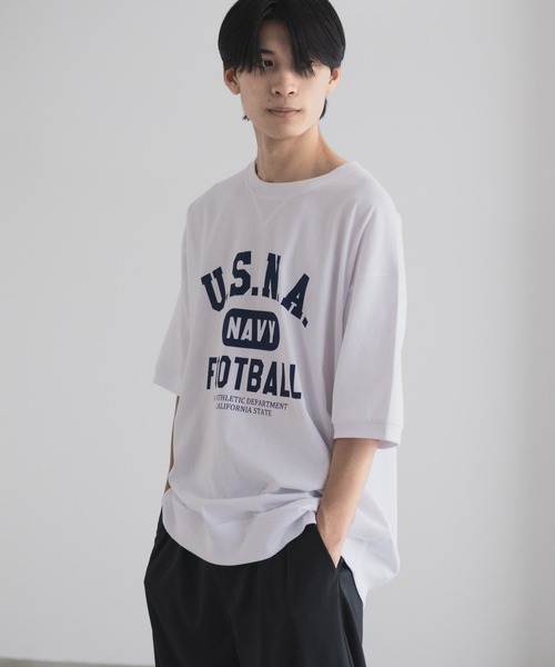 NAVY(ネイビー)の「NAVY オーバーサイズカレッジスウェットTシャツ ユニセックス(Tシャツ/カットソー・メンズ・スモーキーグリーン系/オートミール/ネイビー/ホワイト・S/M/L/XL)」の20枚目の写真