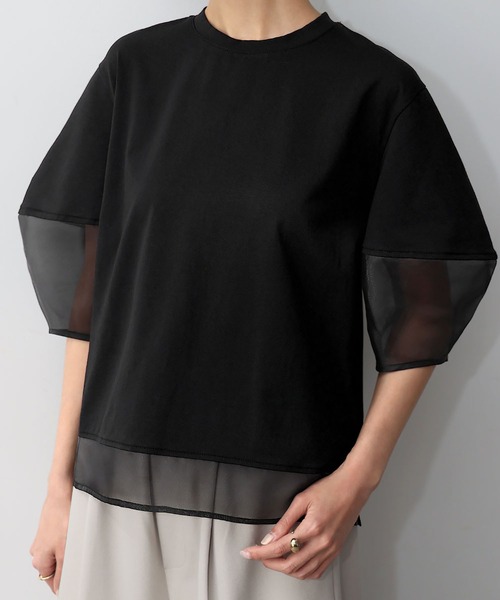 ELFRANK（エルフランク）の「シアー切替えランタンスリーブプルオーバー（Tシャツ/カットソー・レディース・オフホワイト/ブラック・FREE）」の2枚目の写真