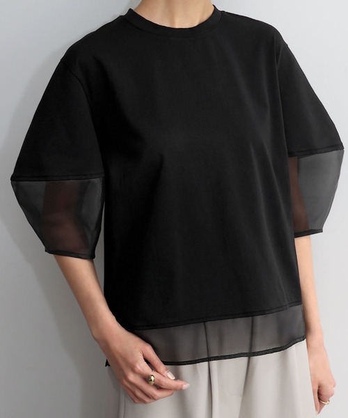 ELFRANK（エルフランク）の「シアー切替えランタンスリーブプルオーバー（Tシャツ/カットソー・レディース・オフホワイト/ブラック・FREE）」の11枚目の写真