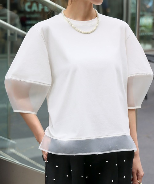 ELFRANK（エルフランク）の「シアー切替えランタンスリーブプルオーバー（Tシャツ/カットソー・レディース・オフホワイト/ブラック・FREE）」の9枚目の写真