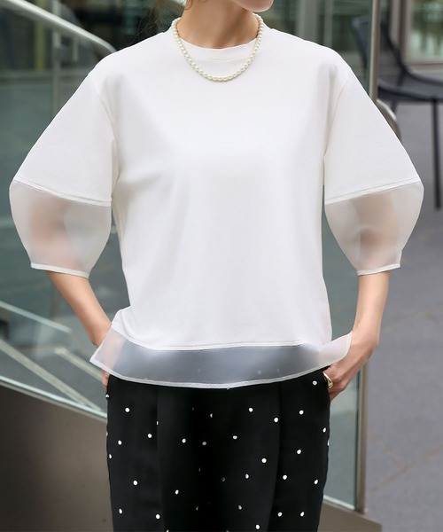 ELFRANK（エルフランク）の「シアー切替えランタンスリーブプルオーバー（Tシャツ/カットソー・レディース・オフホワイト/ブラック・FREE）」の7枚目の写真