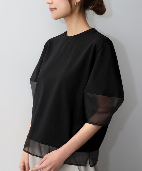ELFRANK（エルフランク）の「シアー切替えランタンスリーブプルオーバー（Tシャツ/カットソー・レディース・オフホワイト/ブラック・FREE）」の4枚目の写真