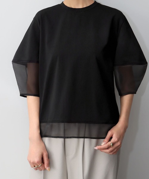 ELFRANK（エルフランク）の「シアー切替えランタンスリーブプルオーバー（Tシャツ/カットソー・レディース・オフホワイト/ブラック・FREE）」の3枚目の写真