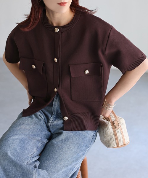 セール】金ボタンスポンディッシュ半袖カーディガン（カーディガン