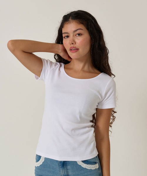 TINA:JOJUN(ティーナジョジュン)の「ラウンドネック リブ Tシャツ TINA:JOJUN(Tシャツ/カットソー・レディース・ネイビー/ホワイト/ブラック/クリーム・M)」の1枚目の写真