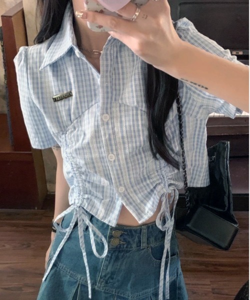 VIBGYOR（ヴィブジョー）の「ドロストチェックワンポイントクロップドシャツ(CZ)（シャツ/ブラウス・レディース・ブルー・MEDIUM/LARGE）」の9枚目の写真