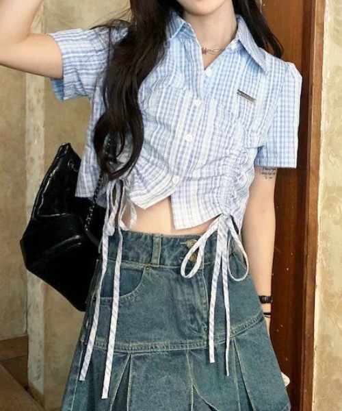 VIBGYOR（ヴィブジョー）の「ドロストチェックワンポイントクロップドシャツ(CZ)（シャツ/ブラウス・レディース・ブルー・MEDIUM/LARGE）」の10枚目の写真