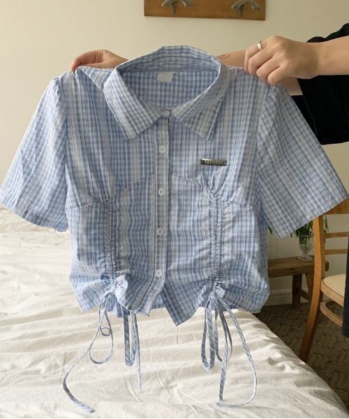 VIBGYOR（ヴィブジョー）の「ドロストチェックワンポイントクロップドシャツ(CZ)（シャツ/ブラウス・レディース・ブルー・MEDIUM/LARGE）」の7枚目の写真