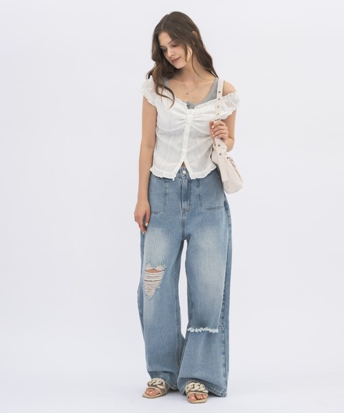 ブラウス シャツ 2way shirring puff frill blouse/ 2wayコットンパフスリブラウス レディース プチプラバー釦とろみブラウス（シャツ/ブラウス）｜natural