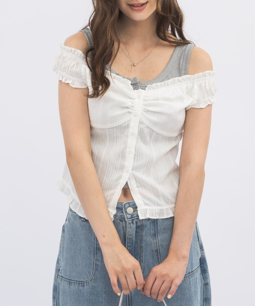 idem(イデム)の「2way shirring puff frill blouse/ 2wayコットンパフスリブラウス(シャツ/ブラウス・レディース・ブルー/ホワイト・FREE)」の10枚目の写真